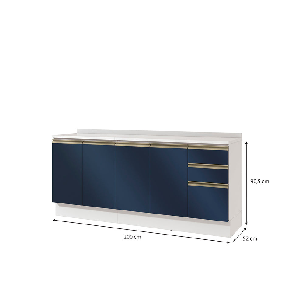 Bajo Mesada 200cm MDF 3 Cajones Kappesberg Blanco/Azul