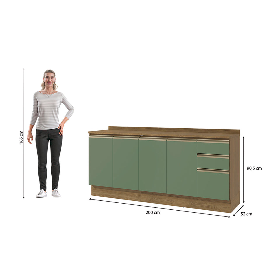 Bajo Mesada 200cm MDF 3 Cajones Kappesberg Marrón/Verde