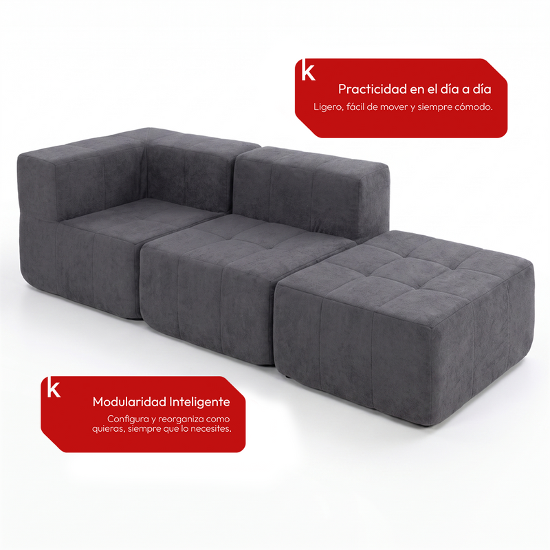Sofá Modular 3 Piezas 258cm Bouclé (Esquinero + Recto + Puff) Kappesberg Azul Titanio