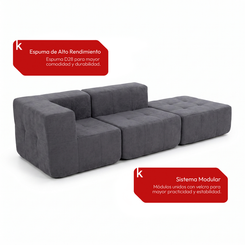Sofá Modular 3 Piezas 258cm Bouclé (Esquinero + Recto + Puff) Kappesberg Azul Titanio