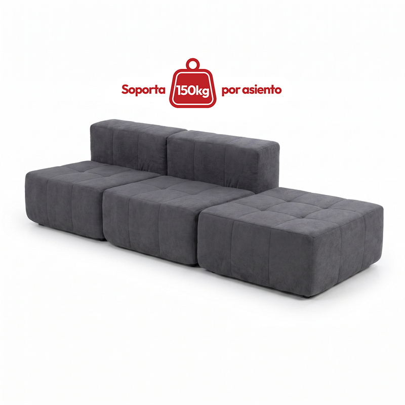Sofá Modular 3 Piezas 258cm Bouclé (2 Rectos + Puff) Kappesberg Azul Titanio