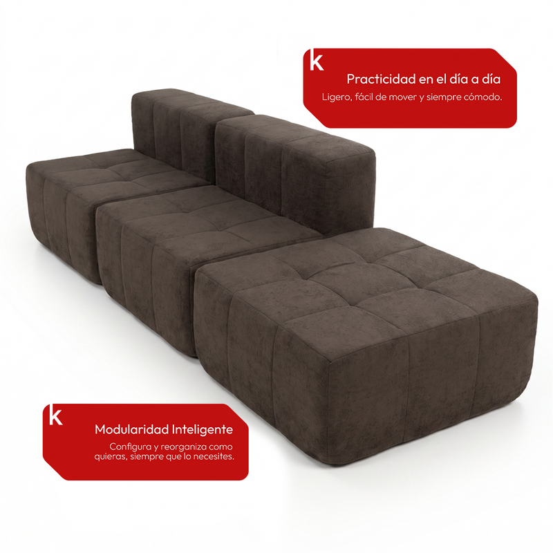 Sofá Modular 3 Piezas 258cm Bouclé (2 Rectos + Puff) Kappesberg Chocolate