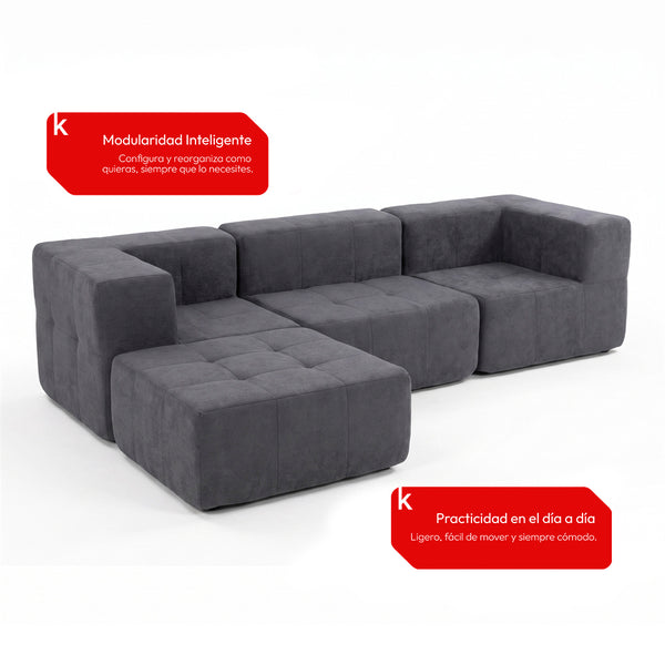 Sofá Modular 4 Piezas 258cm Bouclé Kappesberg Azul Titanio