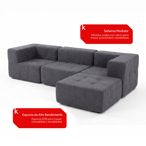 Sofá Modular 4 Piezas 258cm Bouclé Kappesberg Azul Titanio