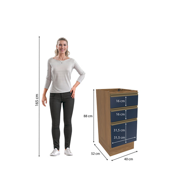 Bajo Mesada 40cm MDF 3 Cajones Kappesberg Marrón/Azul