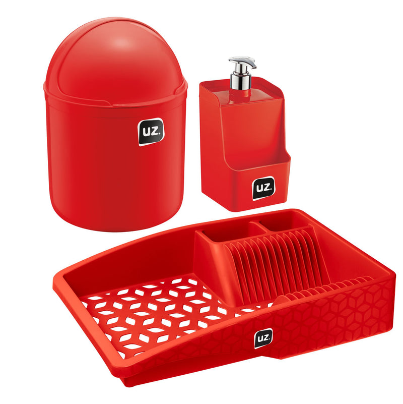 Set para bacha 3 piezas con portaesponja UZ Utilidades rojo