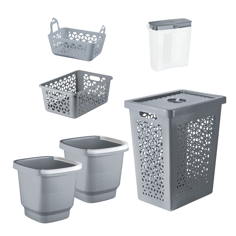 Set lavadero 6 piezas UZ gris cesto ropa baldes