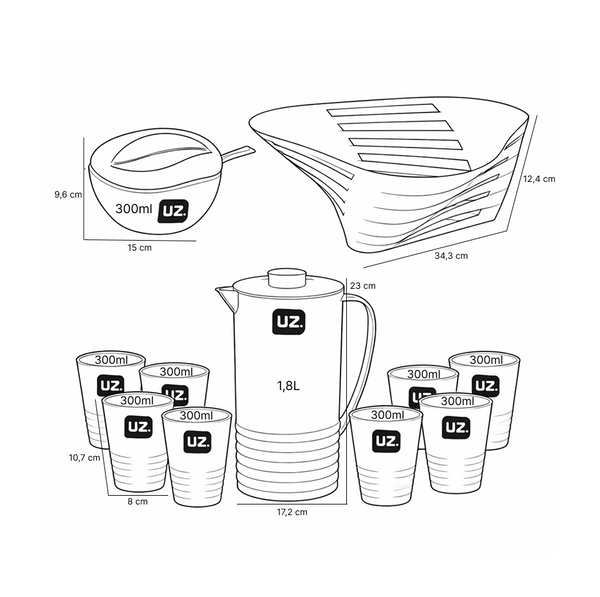 Set desayuno 11 piezas UZ rojo jarra vasos frutero